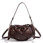 Handwoven PU Leather Drawstring Shoulder Crossbody Bag, Large Capacity Stylish Commuter Handbag with Structured Shape & Alloy Deco, Coffee 29x10x15.5cm In Australia - Darrahopens