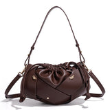 Handwoven PU Leather Drawstring Shoulder Crossbody Bag, Large Capacity Stylish Commuter Handbag with Structured Shape & Alloy Deco, Coffee 29x10x15.5cm In Australia - Darrahopens