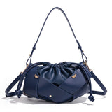 Handwoven PU Leather Drawstring Shoulder Crossbody Bag, Large Capacity Stylish Commuter Handbag with Structured Shape & Alloy Deco, Blue 29x10x15.5cm In Australia - Darrahopens