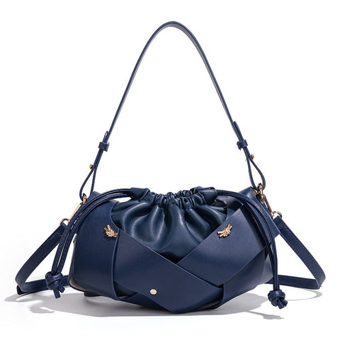 Handwoven PU Leather Drawstring Shoulder Crossbody Bag, Large Capacity Stylish Commuter Handbag with Structured Shape & Alloy Deco, Blue 29x10x15.5cm In Australia - Darrahopens