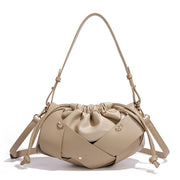 Handwoven PU Leather Drawstring Shoulder Crossbody Bag, Large Capacity Stylish Commuter Handbag with Structured Shape & Alloy Deco, Khaki 29x10x15.5cm