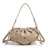 Handwoven PU Leather Drawstring Shoulder Crossbody Bag, Large Capacity Stylish Commuter Handbag with Structured Shape & Alloy Deco, Khaki 29x10x15.5cm