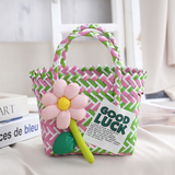 Handwoven Fresh PP Tote Bag with Upright Square Structure & Flower Deco, Durable Mini Spring Picnic Basket and Favour Handbag 16x16x9cm, Green Pink Contrastion In Australia - Darrahopens