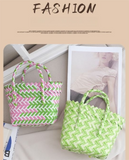 Handwoven Fresh PP Tote Bag with Upright Square Structure & Flower Deco, Durable Mini Spring Picnic Basket and Favour Handbag 16x16x9cm, Green Pink Contrastion In Australia - Darrahopens