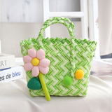 Handwoven Fresh PP Tote Bag with Upright Square Structure & Flower Deco, Durable Mini Spring Picnic Basket and Favour Handbag 16x16x9cm, Green White Contrastion In Australia - Darrahopens