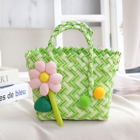 Handwoven Fresh PP Tote Bag with Upright Square Structure & Flower Deco, Durable Mini Spring Picnic Basket and Favour Handbag 16x16x9cm, Green White Contrastion In Australia - Darrahopens