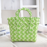 Handwoven Fresh PP Tote Bag with Upright Square Structure, Durable Mini Spring Picnic Basket and Favour Handbag 16x16x9cm, Green White Contrastion In Australia - Darrahopens