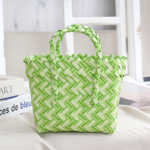 Handwoven Fresh PP Tote Bag with Upright Square Structure, Durable Mini Spring Picnic Basket and Favour Handbag 16x16x9cm, Green White Contrastion In Australia - Darrahopens