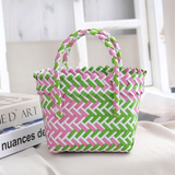 Handwoven Fresh PP Tote Bag with Upright Square Structure, Durable Mini Spring Picnic Basket and Favour Handbag 16x16x9cm, Green Pink Contrastion In Australia - Darrahopens