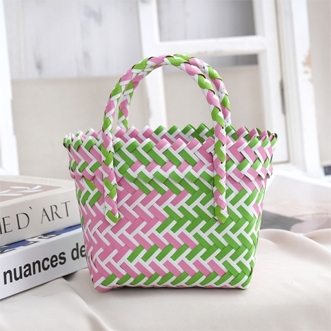 Handwoven Fresh PP Tote Bag with Upright Square Structure, Durable Mini Spring Picnic Basket and Favour Handbag 16x16x9cm, Green Pink Contrastion In Australia - Darrahopens