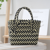 Handwoven Fresh PP Tote Bag with Upright Square Structure & Flower Deco, Durable Mini Spring Picnic Basket and Favour Handbag 16x16x9cm, Black Contrastion In Australia - Darrahopens