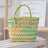 Handwoven Fresh PP Tote Bag with Upright Square Structure & Flower Deco, Durable Mini Spring Picnic Basket and Favour Handbag 16x16x9cm, Green Yellow Contrastion In Australia - Darrahopens