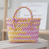 Handwoven Fresh PP Tote Bag with Upright Square Structure & Flower Deco, Durable Mini Spring Picnic Basket and Favour Handbag 16x16x9cm, Pink Yellow Contrastion In Australia - Darrahopens