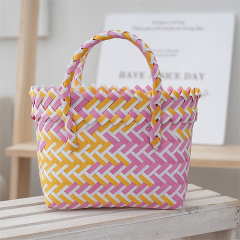 Handwoven Fresh PP Tote Bag with Upright Square Structure & Flower Deco, Durable Mini Spring Picnic Basket and Favour Handbag 16x16x9cm, Pink Yellow Contrastion In Australia - Darrahopens