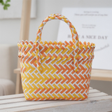 Handwoven Fresh PP Tote Bag with Upright Square Structure & Flower Deco, Durable Mini Spring Picnic Basket and Favour Handbag 16x16x9cm, Orange Yellow Contrastion In Australia - Darrahopens