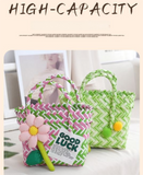 Handwoven Fresh PP Tote Bag with Upright Square Structure & Flower Deco, Durable Mini Spring Picnic Basket and Favour Handbag 16x16x9cm, Orange Yellow Contrastion
