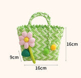 Handwoven Fresh PP Tote Bag with Upright Square Structure & Flower Deco, Durable Mini Spring Picnic Basket and Favour Handbag 16x16x9cm, Orange Yellow Contrastion