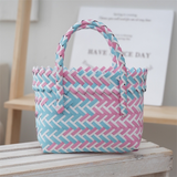 Handwoven Fresh PP Tote Bag with Upright Square Structure & Flower Deco, Durable Mini Spring Picnic Basket and Favour Handbag 16x16x9cm, Pink Blue Contrastion In Australia - Darrahopens