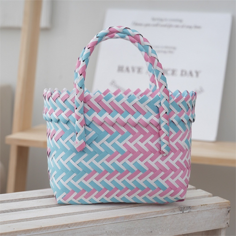 Handwoven Fresh PP Tote Bag with Upright Square Structure & Flower Deco, Durable Mini Spring Picnic Basket and Favour Handbag 16x16x9cm, Pink Blue Contrastion In Australia - Darrahopens