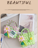 Handwoven Fresh PP Tote Bag with Upright Square Structure & Flower Deco, Durable Mini Spring Picnic Basket and Favour Handbag 16x16x9cm, Pink Blue Contrastion In Australia - Darrahopens