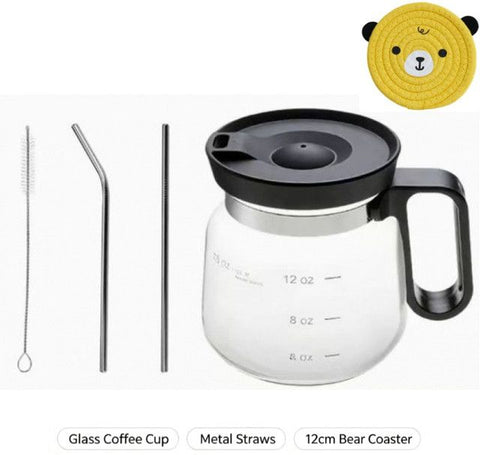 16Oz Mini Brewing Glass Coffee Mug Set with Leakproof Travel Lid, Ergonomic Handle and 2 Reusable Metal Straws for Camping Office and Home, Coffee Lovers' Top Choice，Free 12cm Yellow Bear Woven Cotton Coaster In Australia - Darrahopens