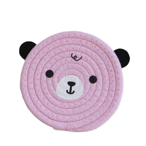 4PCS Pink Cute Bear Woven Cotton Coasters, 18cm Dia Durable Heat Resistant Trivets Set for Drink Cup Dishes and Pot