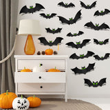 3D Glow in The Dark Bat Wall Decors Set for Halloween Party Home Spooky Backgrounds, 144 Pack Small Medium Large Stickers with Glow Eyes, Tweezer and Adhesive Dots