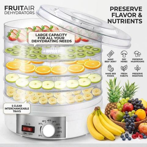 White 5 Tier Large Capacity Food Dehydrator and Healthy Snack Maker - Electric Fruit Vegetable Meat Jerky Dryer with 35-70℃ Adjustable Temp and All Round Hot Air Fast Dehydration In Australia - Darrahopens