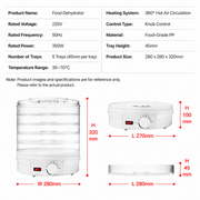 White 5 Tier Large Capacity Food Dehydrator and Healthy Snack Maker - Electric Fruit Vegetable Meat Jerky Dryer with 35-70℃ Adjustable Temp and All Round Hot Air Fast Dehydration