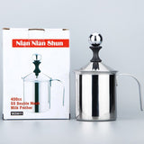 400ML 304 Stainless Steel Manual Milk Frother, Double Mesh Strainer Hand Pump Frothing Pitcher