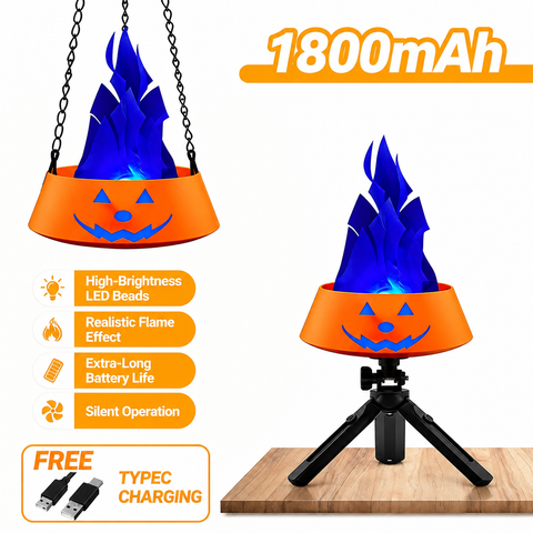 Style-3 LED Halloween Pumpkin Lantern and Simulated Silk Flame Blowing Light with Adjustable Stand and Hanging Chain, Rechargeable Atmosphere Lamp for Party Bar Camping and Home Use