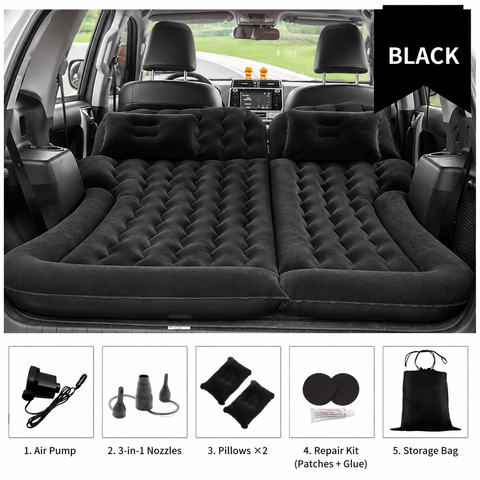 Black Large Inflatable Universal Car Air Mattress with 2 Pillows, Pump and Storage Bag - Dual Zone Split Bed Soft Flocked Camping Travel Bed Integrated Head / Backrest Buffer for SUV MPV Long drives In Australia - Darrahopens