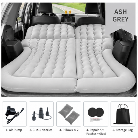 Grey Large Inflatable Universal Car Air Mattress with 2 Pillows, Pump and Storage Bag - Dual Zone Split Bed Soft Flocked Camping Travel Bed Integrated Head / Backrest Buffer for SUV MPV Long drives In Australia - Darrahopens