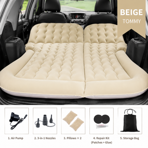 Beige Large Inflatable Universal Car Air Mattress with 2 Pillows, Pump and Storage Bag - Dual Zone Split Bed Soft Flocked Camping Travel Bed Integrated Head / Backrest Buffer for SUV MPV Long drives In Australia - Darrahopens