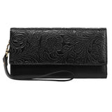 Black Women's Vintage Embossed Microfibre Leather Long Wallet - Large Capacity Trifold Clutch with Muti Pockets and Wristlet Strap In Australia - Darrahopens