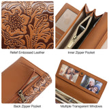 Black Women's Vintage Embossed Microfibre Leather Long Wallet - Large Capacity Trifold Clutch with Muti Pockets and Wristlet Strap