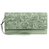Green Women's Vintage Embossed Microfibre Leather Long Wallet - Large Capacity Trifold Clutch with Muti Pockets and Wristlet Strap In Australia - Darrahopens