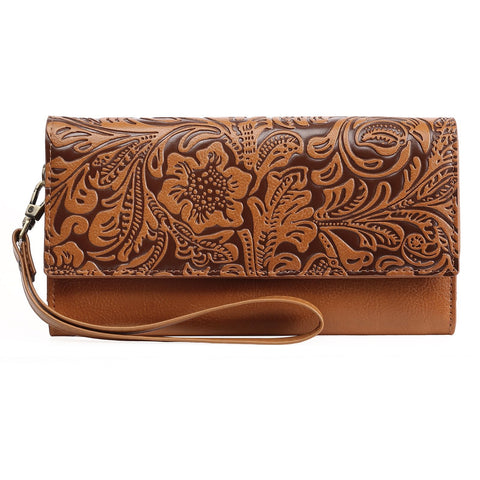 Brown Women's Vintage Embossed Microfibre Leather Long Wallet - Large Capacity Trifold Clutch with Muti Pockets and Wristlet Strap In Australia - Darrahopens