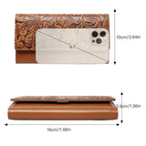 Brown Women's Vintage Embossed Microfibre Leather Long Wallet - Large Capacity Trifold Clutch with Muti Pockets and Wristlet Strap