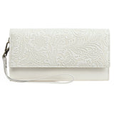 White Women's Vintage Embossed Microfibre Leather Long Wallet - Large Capacity Trifold Clutch with Muti Pockets and Wristlet Strap In Australia - Darrahopens