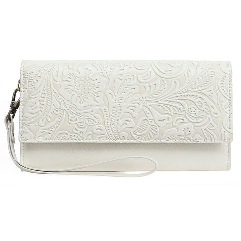 White Women's Vintage Embossed Microfibre Leather Long Wallet - Large Capacity Trifold Clutch with Muti Pockets and Wristlet Strap In Australia - Darrahopens