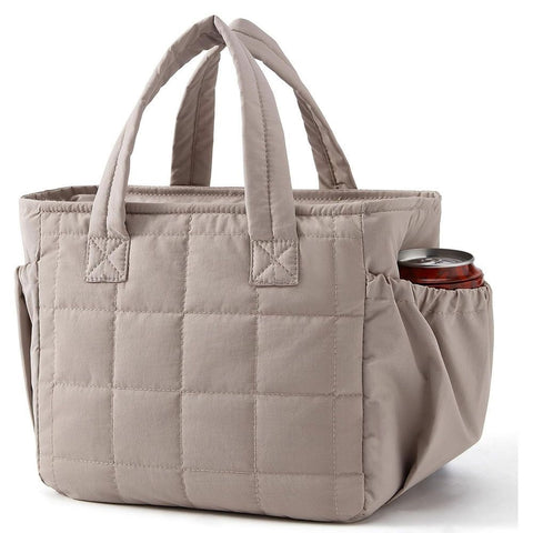 Khaki Stylish Insulated Quilted Zipper Lunch Bag for Women - 6L Large Capacity Waterproof Thermal Tote Cooler Bag with Leakproof Lining and 2 Side Pockets for Lunch Boxes, Fruit and Drinks In Australia - Darrahopens