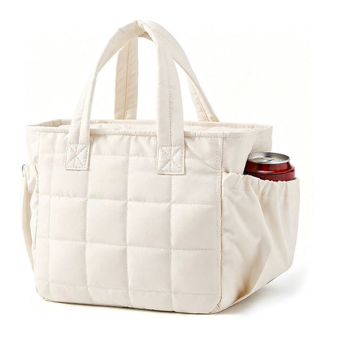 Beige Stylish Insulated Quilted Zipper Lunch Bag for Women - 6L Large Capacity Waterproof Thermal Tote Cooler Bag with Leakproof Lining and 2 Side Pockets for Lunch Boxes, Fruit and Drinks In Australia - Darrahopens