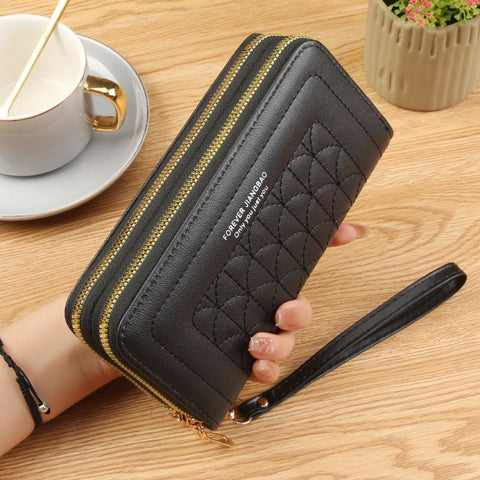 Black Womens Embroidered Double Zipper Long Trifold Wallet - 19 x 10 x 4.5cm Large Capacity PU Leather Clutch with Cash Card Phone Slots and Zipper Pocket In Australia - Darrahopens