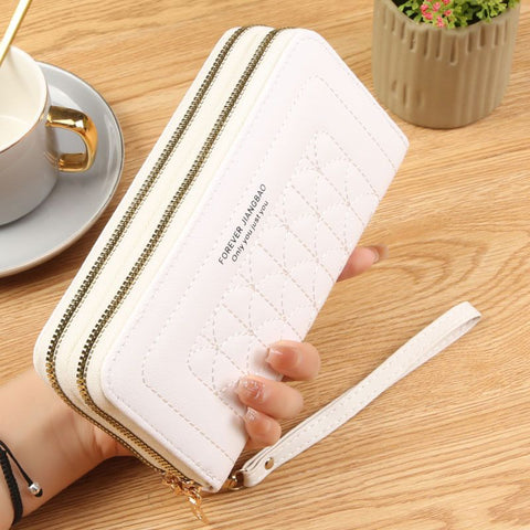 White Womens Embroidered Double Zipper Long Trifold Wallet - 19 x 10 x 4.5cm Large Capacity PU Leather Clutch with Cash Card Phone Slots and Zipper Pocket