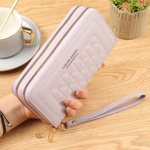 Light Purple Womens Embroidered Double Zipper Long Trifold Wallet - 19 x 10 x 4.5cm Large Capacity PU Leather Clutch with Cash Card Phone Slots and Zipper Pocket In Australia - Darrahopens