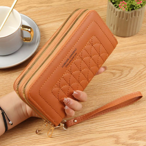 Brown Womens Embroidered Double Zipper Long Trifold Wallet - 19 x 10 x 4.5cm Large Capacity PU Leather Clutch with Cash Card Phone Slots and Zipper Pocket In Australia - Darrahopens
