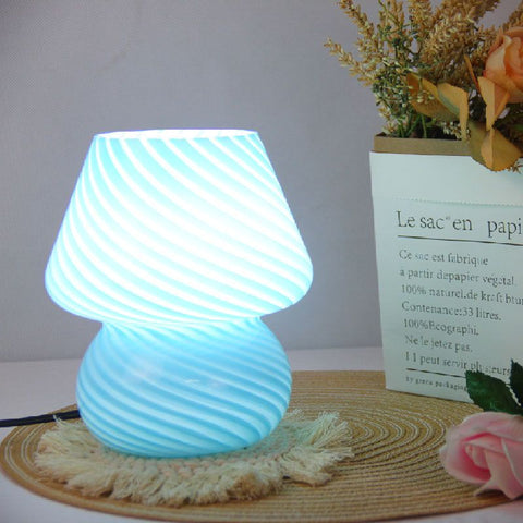 Blue Striped Retro All Glass Mushroom Table Lamp - American Style Creative Bedside Nightstand Ambient Light, USB Plug with 3-Color Switching and Brightness Dimmable In Australia - Darrahopens