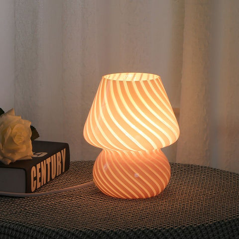 Pink Striped Retro All Glass Mushroom Table Lamp - American Style Creative Bedside Nightstand Ambient Light, USB Plug with 3-Color Switching and Brightness Dimmable In Australia - Darrahopens