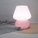 Pink Striped Retro All Glass Mushroom Table Lamp - American Style Creative Bedside Nightstand Ambient Light, USB Plug with 3-Color Switching and Brightness Dimmable